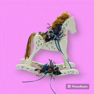 Vintage Shabby Chic Hand Carved White Mini Wooden Rocking Horse